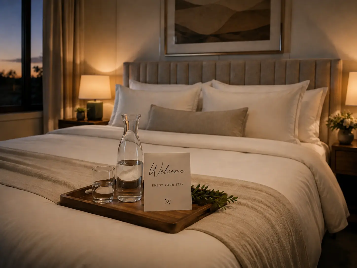 Freshly presented bedroom with a personalized welcome card