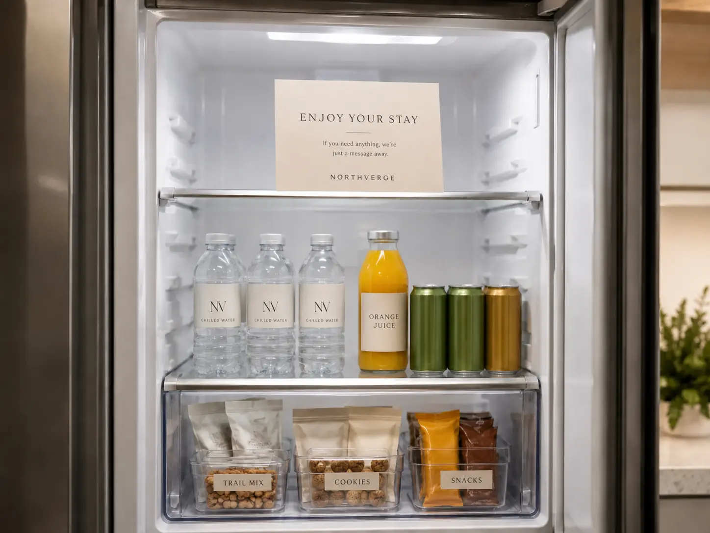 Refrigerator stocked with labelled drinks, snacks and a welcome card